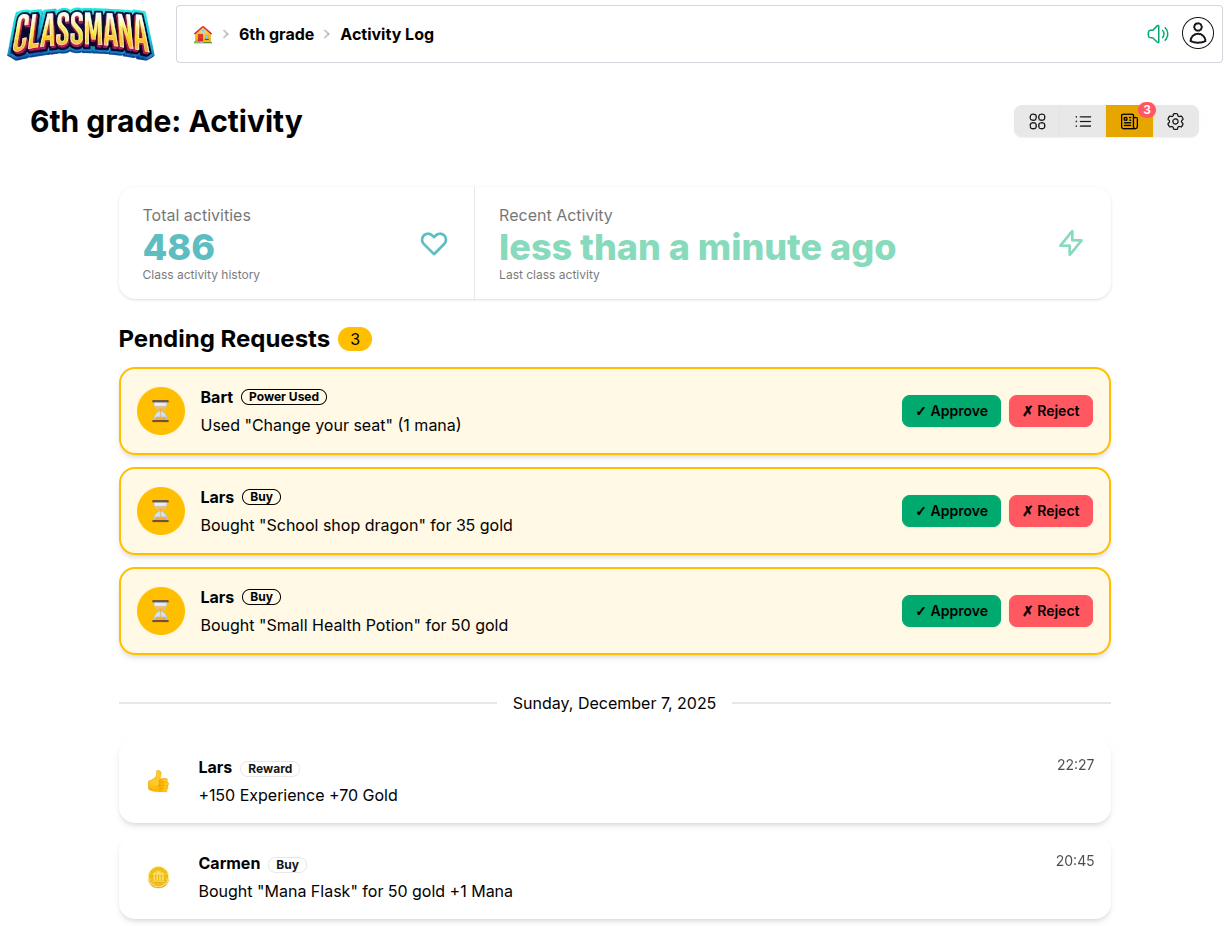 保留中のリクエストがあるアクティビティページ